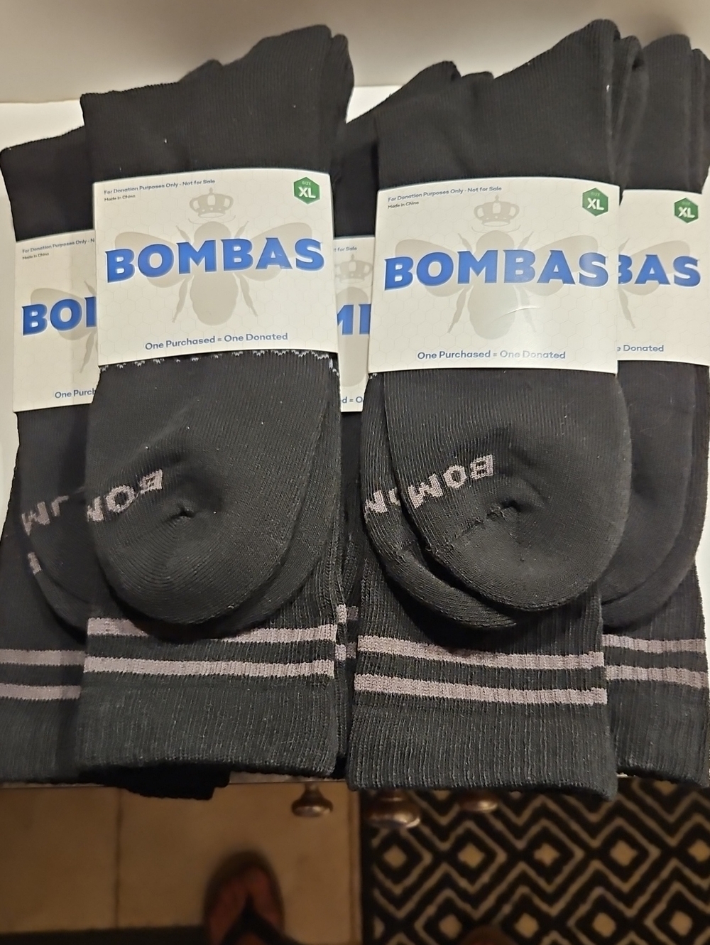 Bombas Black Crew Athletic Socks with Gray Stripes - XL (5 Pair)